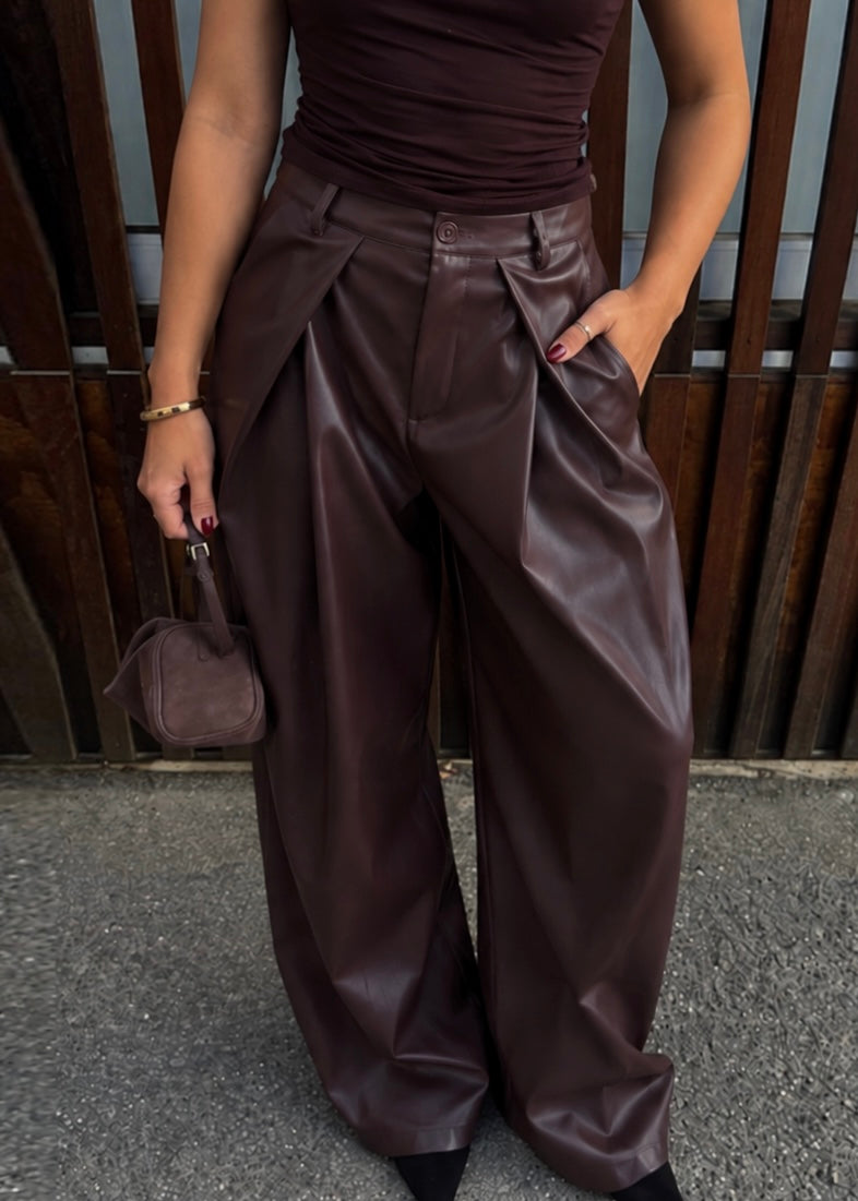Cato Leather Look Pants Brown