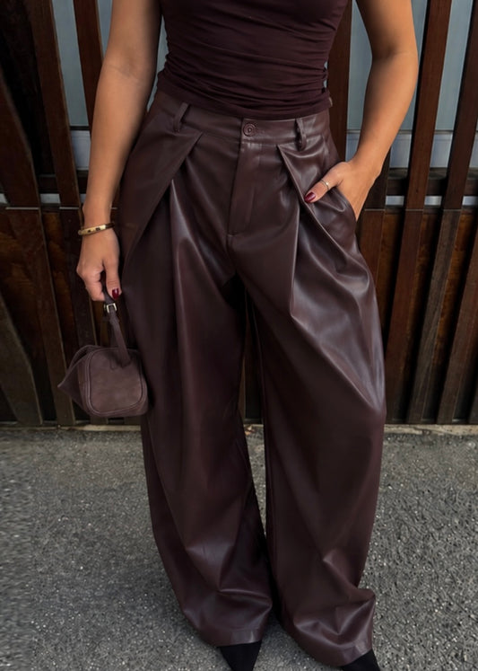 Cato Leather Look Pants Brown